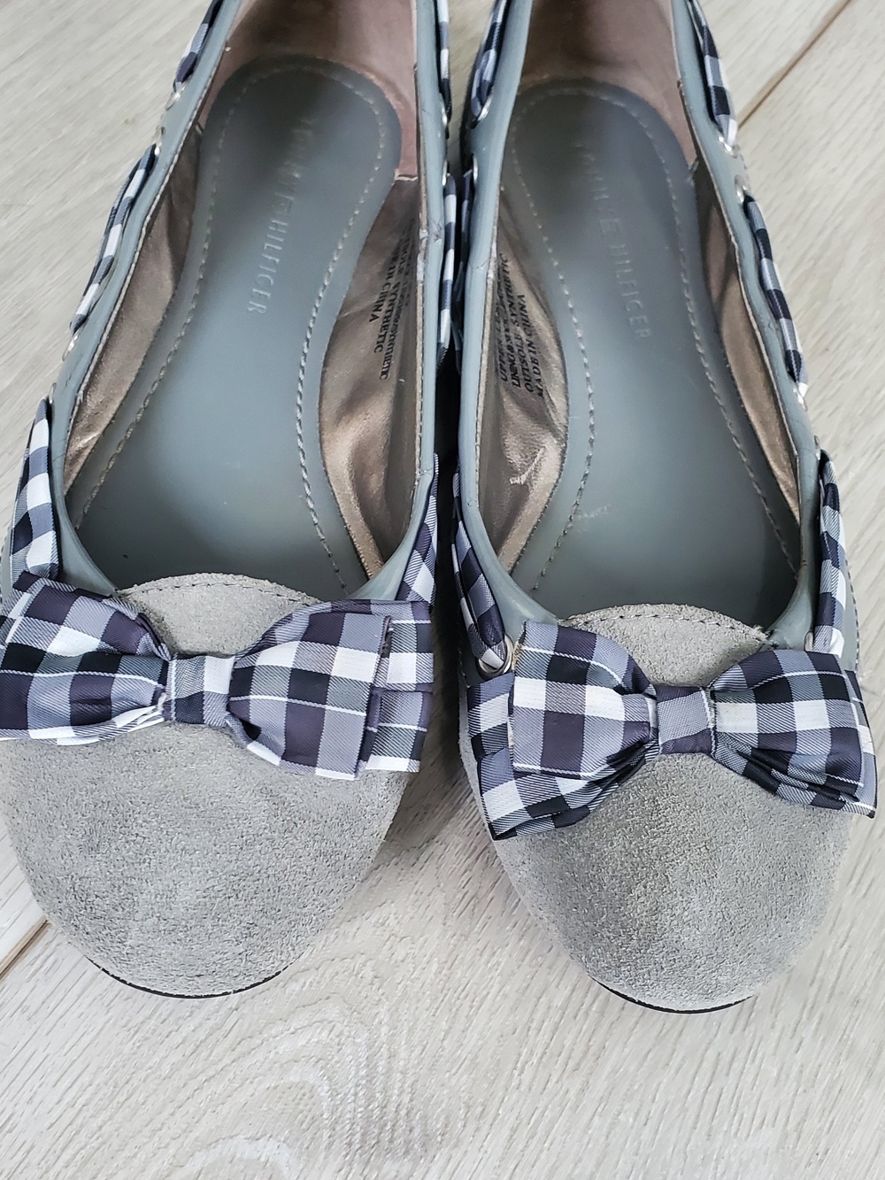 Tommy Hilfiger Gray Suede Ballet Flats Black & White Gingham Bow Coquette Twee